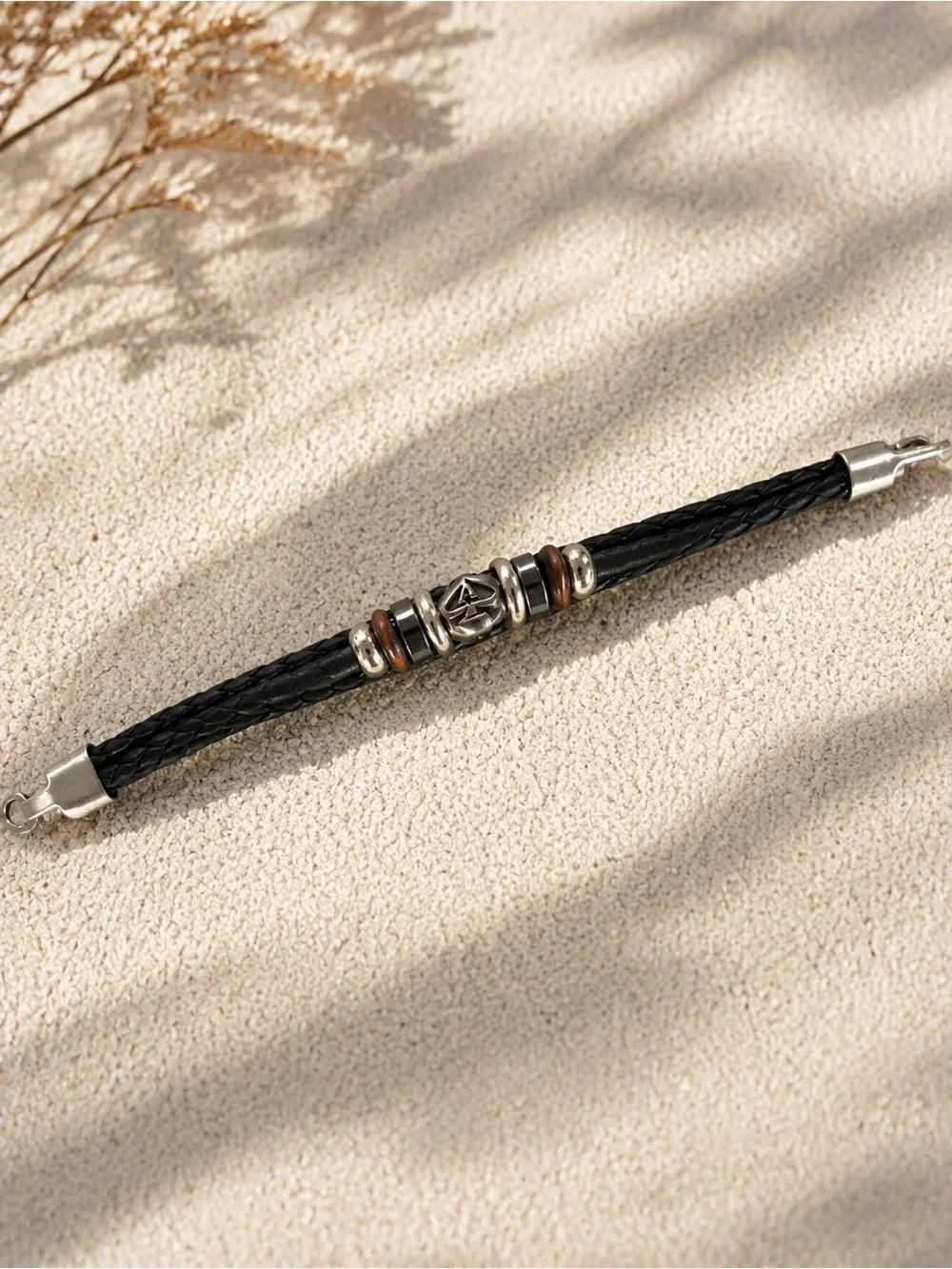 Braided Black Leather Men's Beaded Bracelet